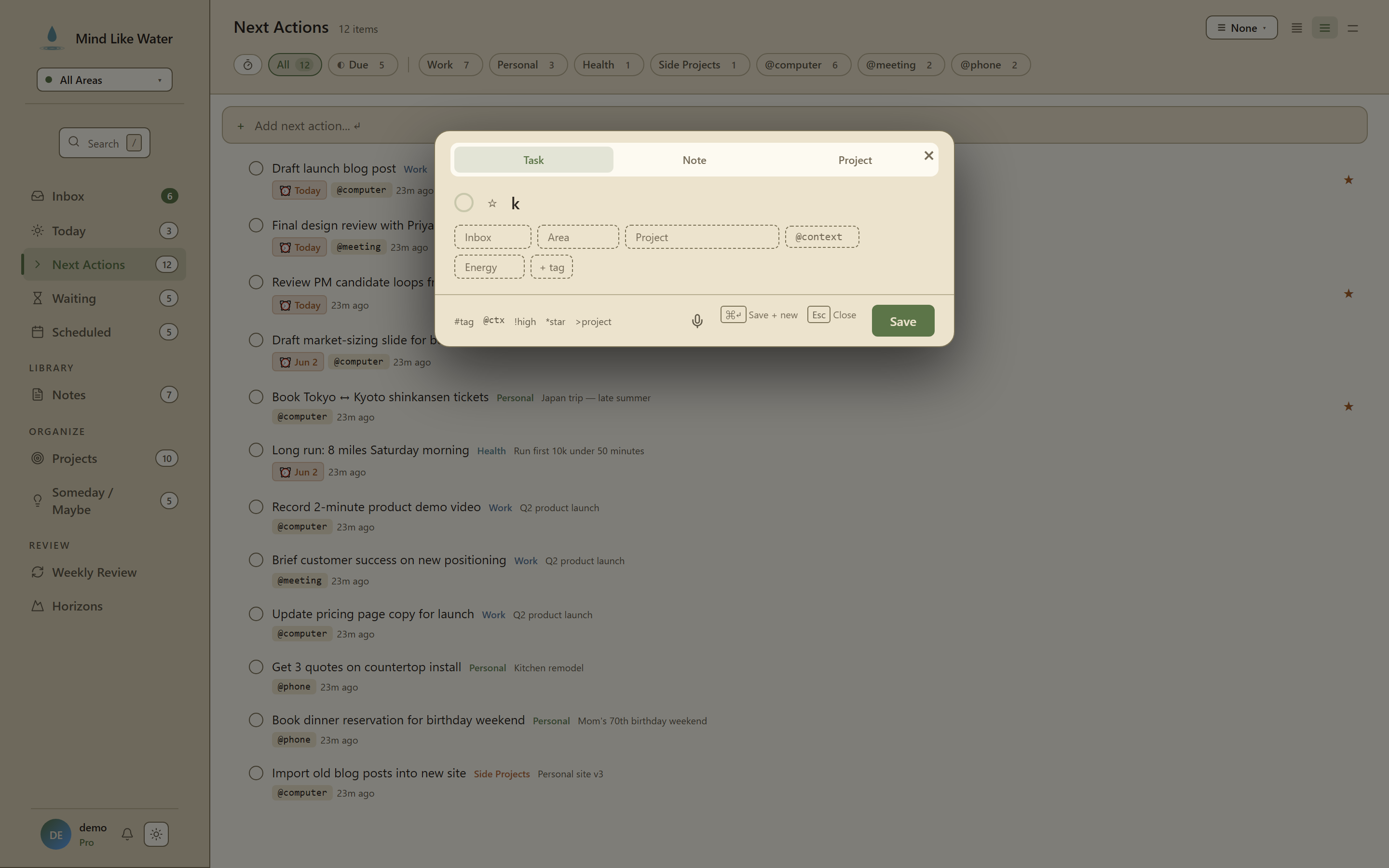 Quick Capture modal with AI suggestion chips appearing under the title field
