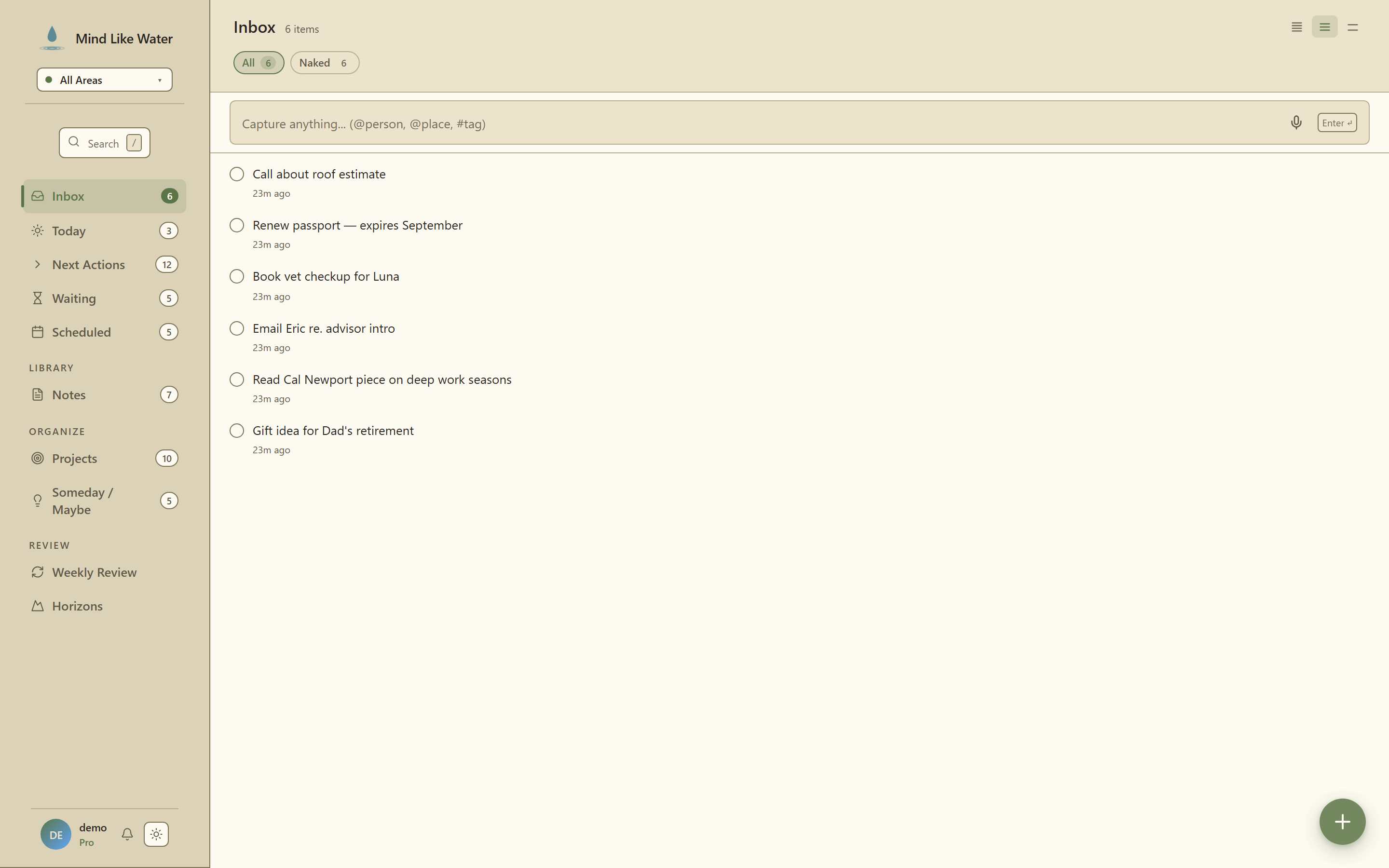 The Inbox view showing the always-visible capture bar and a list of unprocessed items