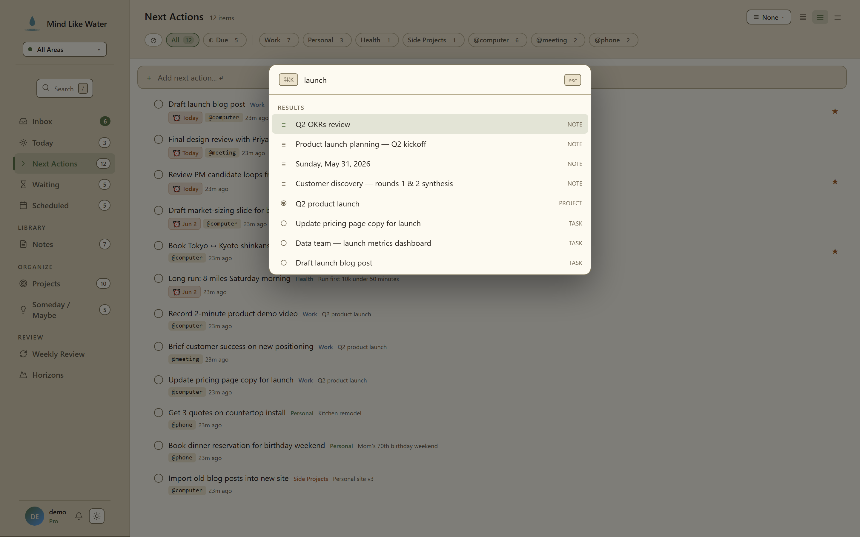 The search palette open with results grouped by type for the query "launch"