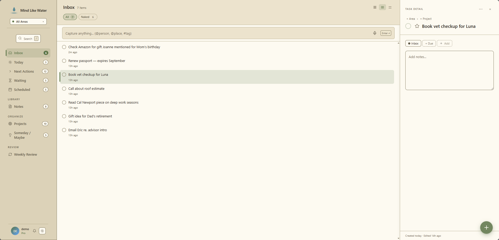 Inbox view with tasks and notes in separate collapsible sections, each with a count chip