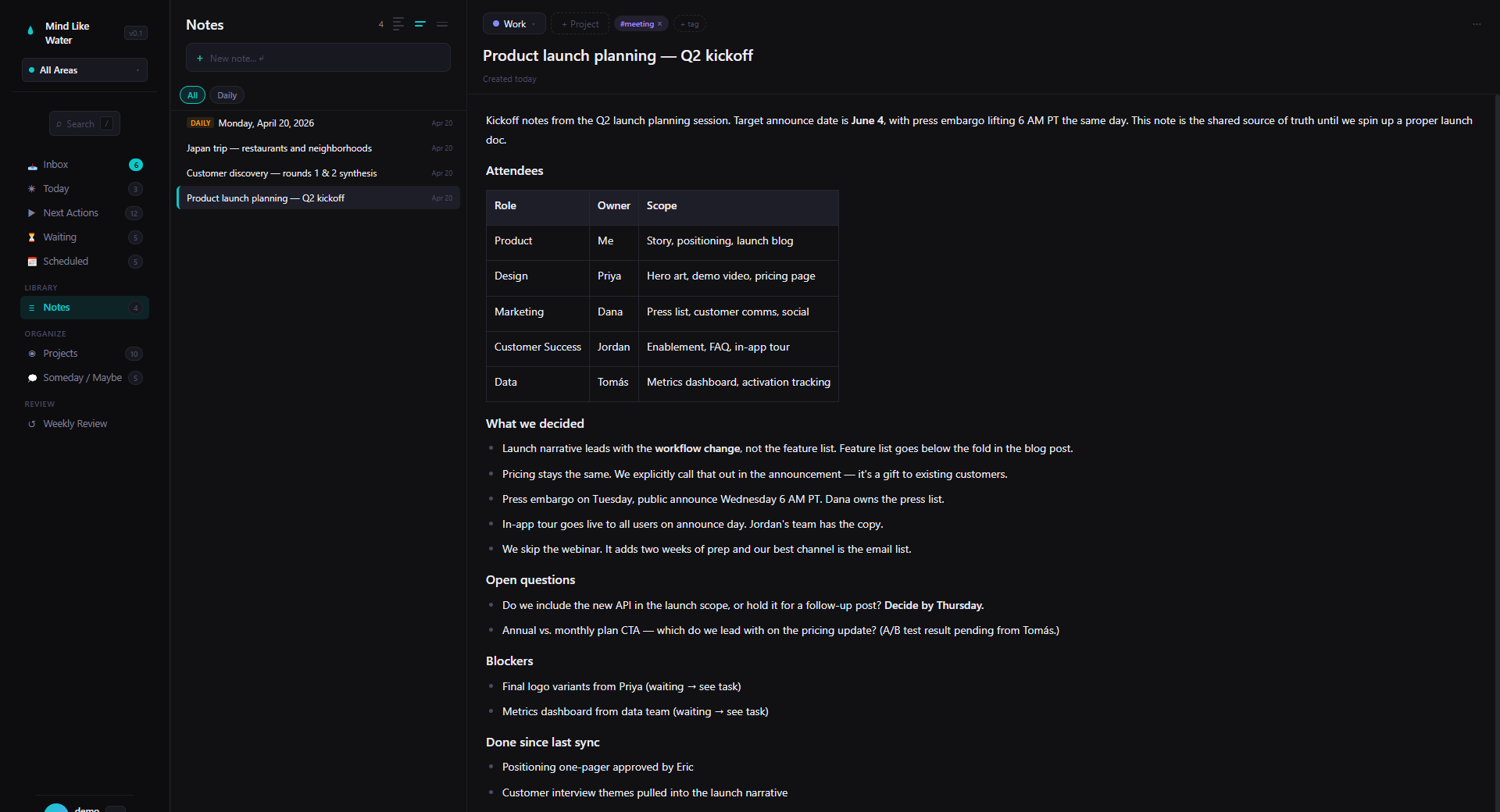 Rich note editor — meeting notes with headings, tables, and checklists