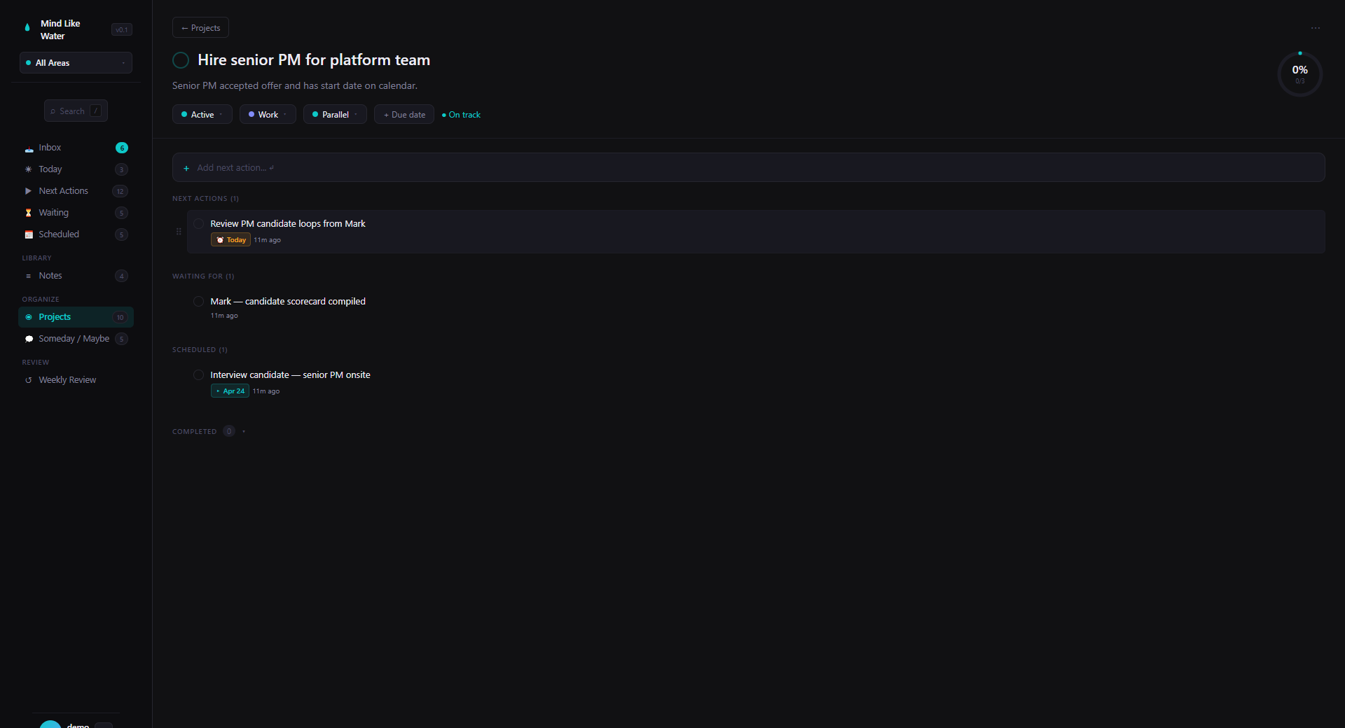 Project detail view — successful outcome, next actions, waiting, and linked reference notes
