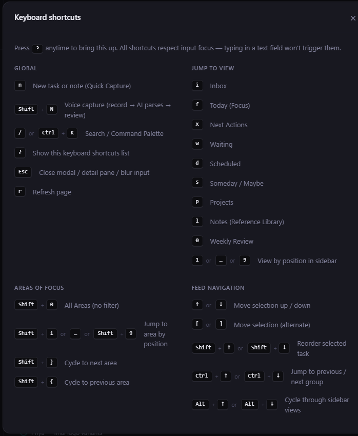 Keyboard shortcuts reference — every action has a shortcut, press ? anywhere to see them all